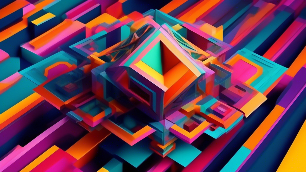 An abstract three-dimensional geometric shape floating in space, with vibrant colors and complex patterns, representing the exploration of three-dimensiona