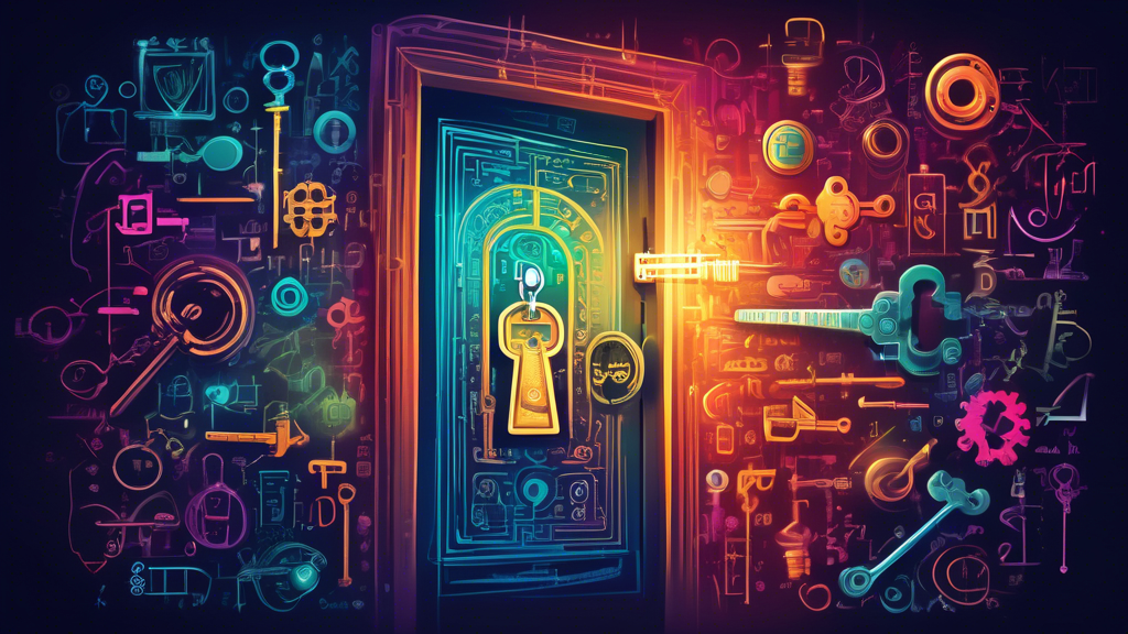 An intricate illustration showing a key-shaped integral sign unlocking a door to a vast and colorful world of applications. The key is glowing with mathema