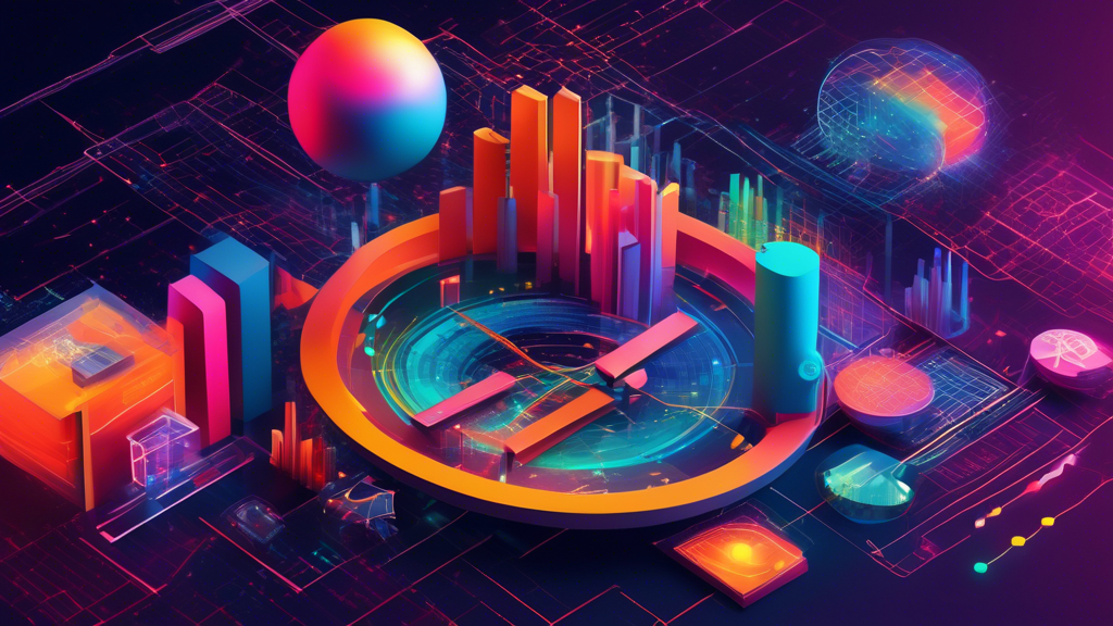 A colorful, futuristic depiction of a statistical model predicting the future, with graphs, data points, and algorithms intertwined